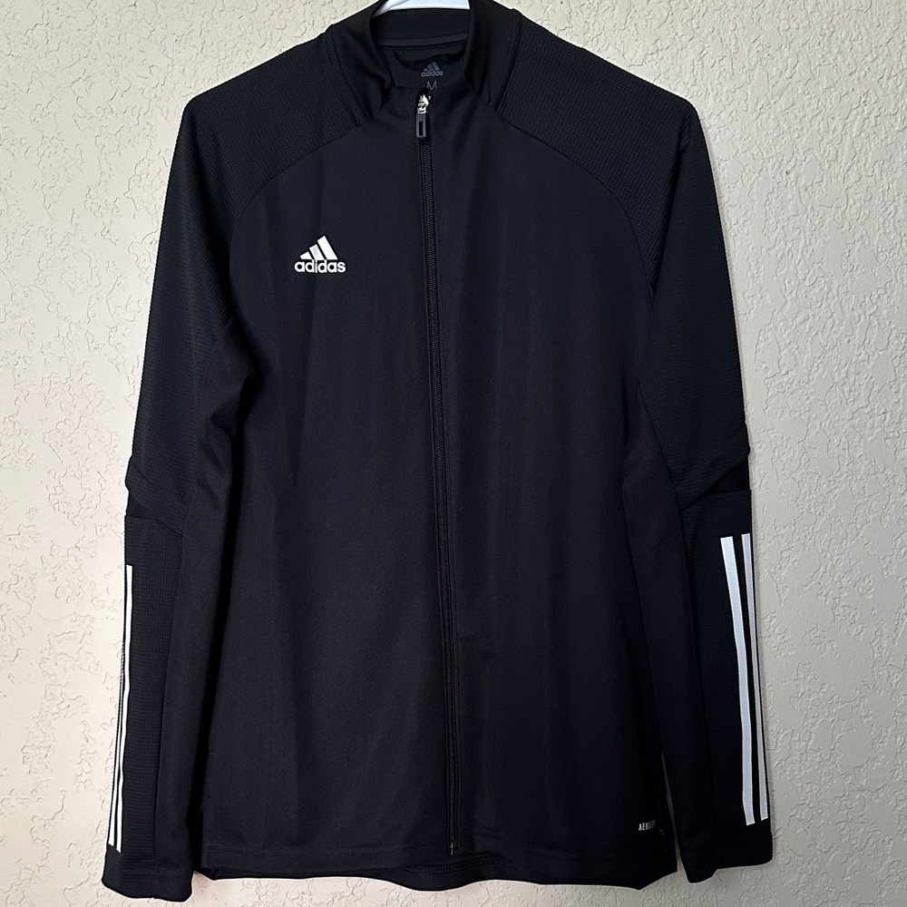 adidas women’s Black Full-Zip Track Jacket with White Stripe Detail